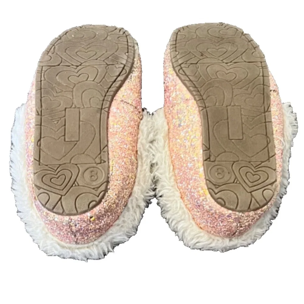 Little Girls Cat & Jack Pink Sparkly Faux Fur Moccasin Slippers Size 8